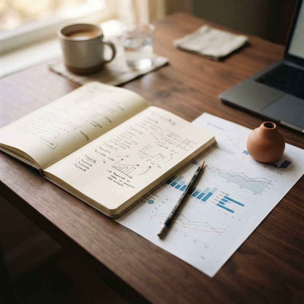 Editorial workspace with content notes and analytics charts